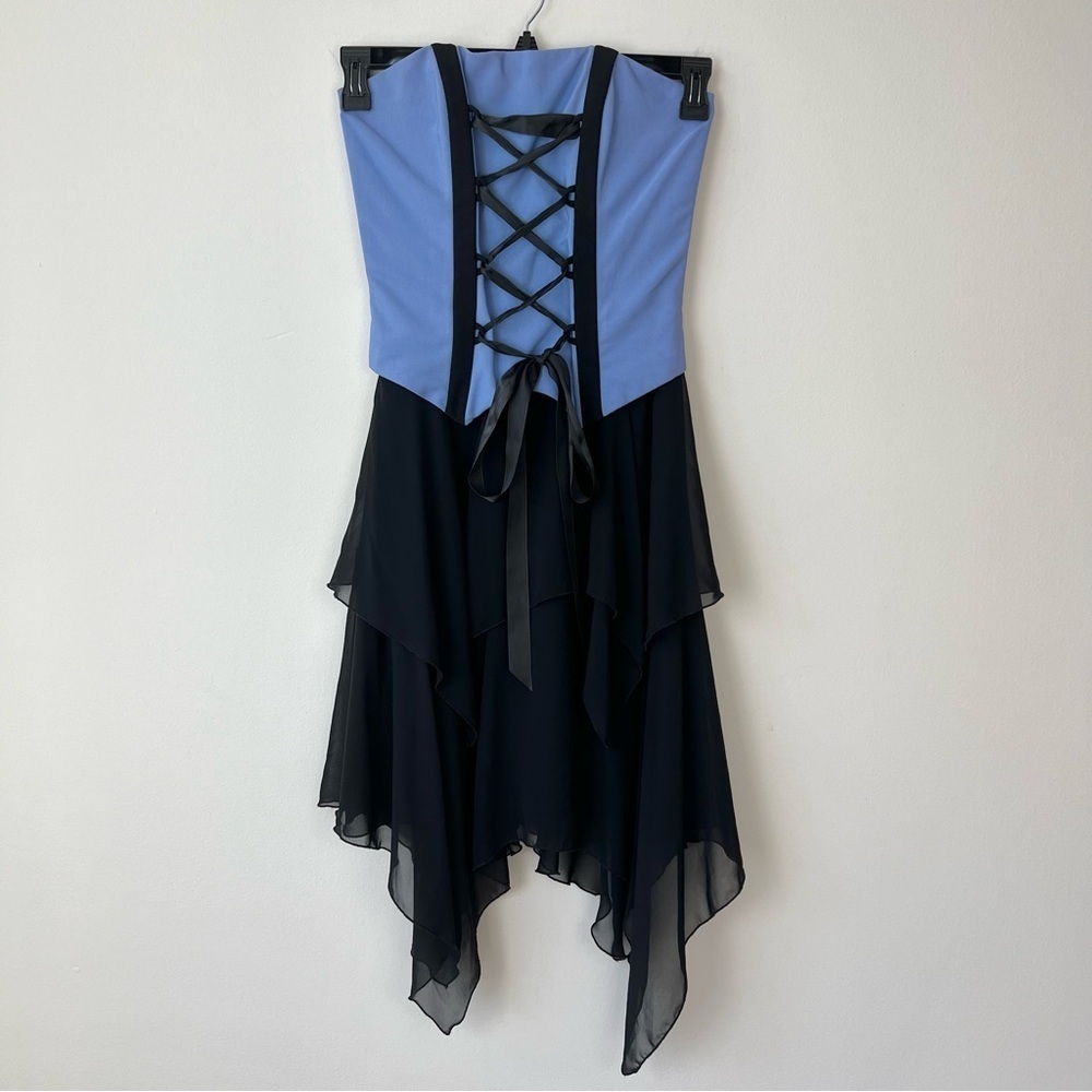 Gunne Sax Blue and Black Lace-Up Corset Mini Dress